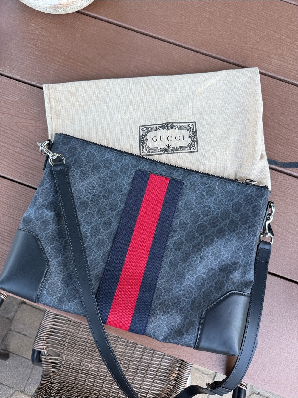 Gucci Black GG Supreme Crossbody with Red and Navy Web Stripe